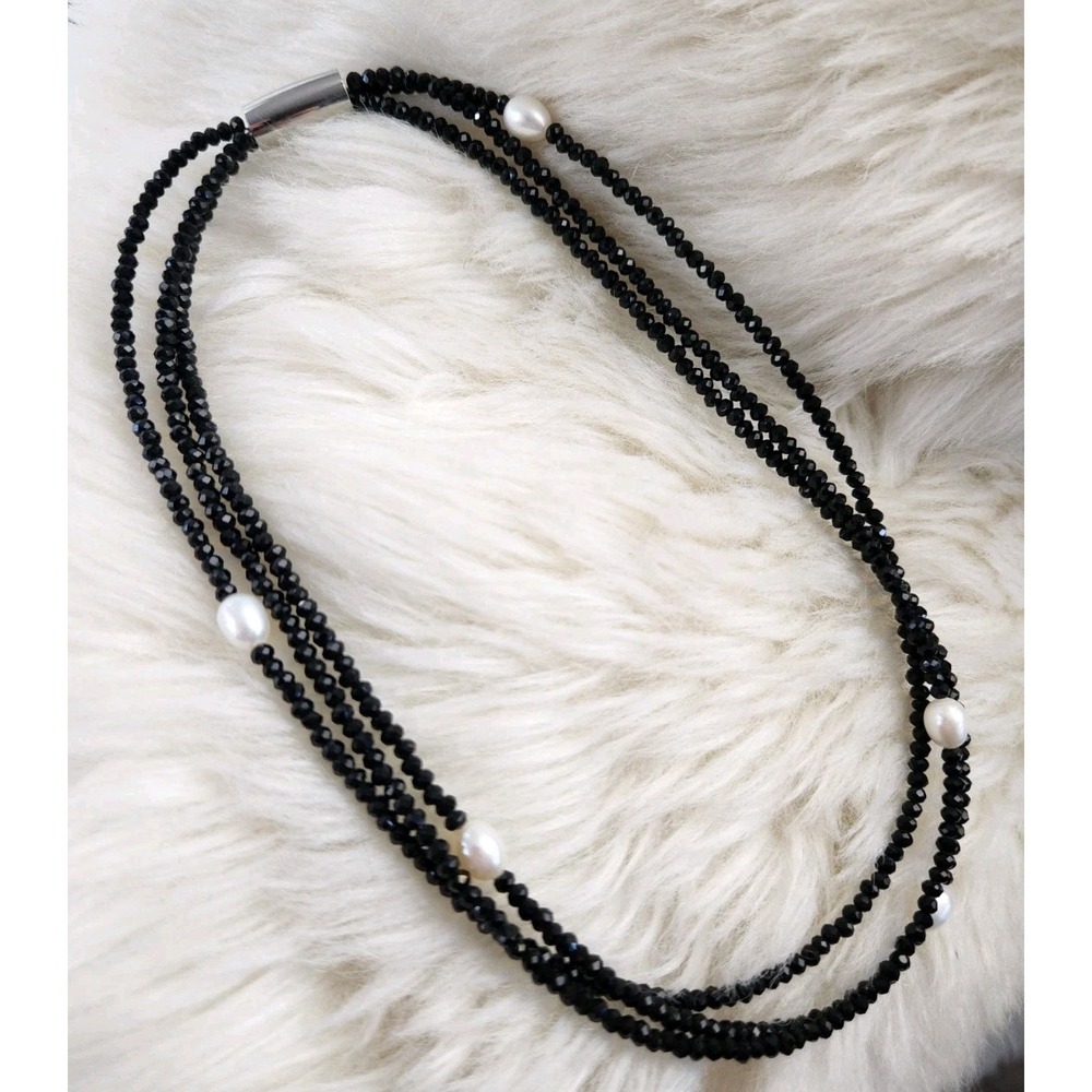 Black‎ Spinel White Pearl Magnetic Necklace Wrap Bracelet 15 Inch Silver Choker